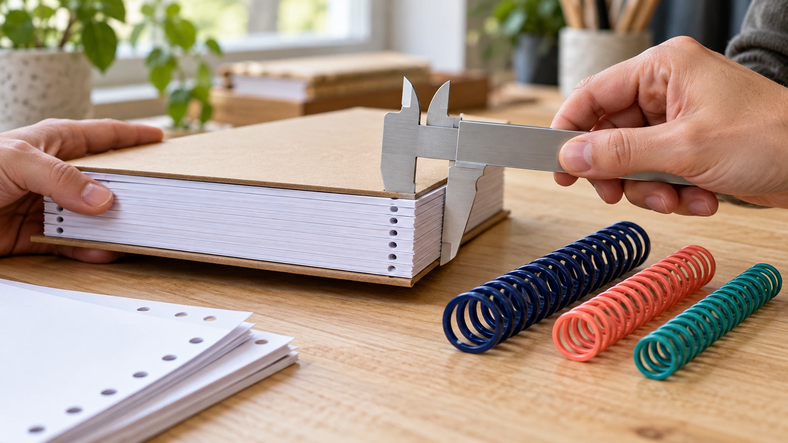 Mains mesurant à l'aide d'un pied à coulisse non gradué l'épaisseur d'une pile de bloc-cahier et de couvertures avant de choisir une taille de spirale