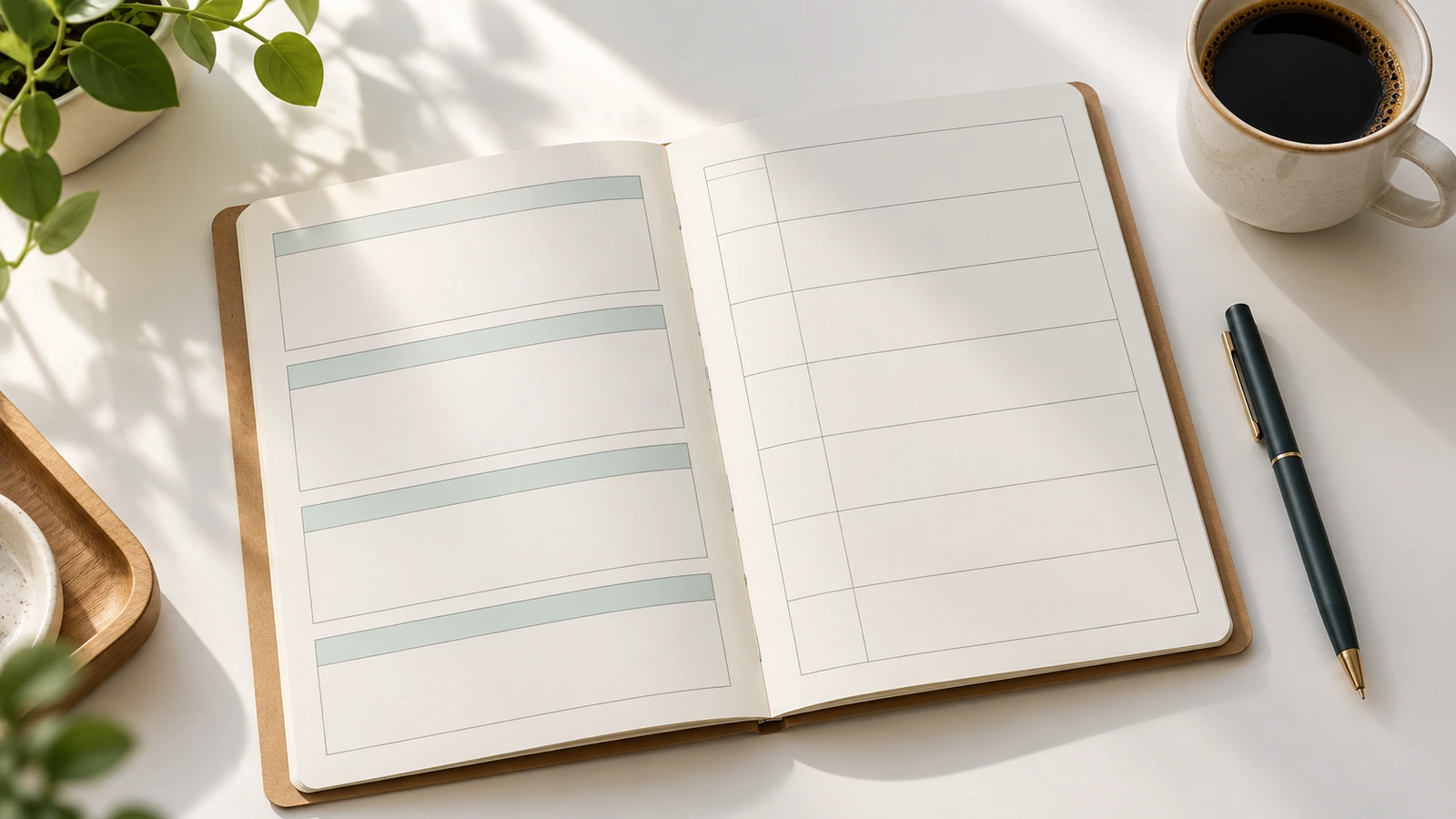 Carnet ouvert avec un modèle de réunion sur la page de gauche et une grille de planification hebdomadaire sur la page de droite, représentés par de simples blocs ombrés et des lignes