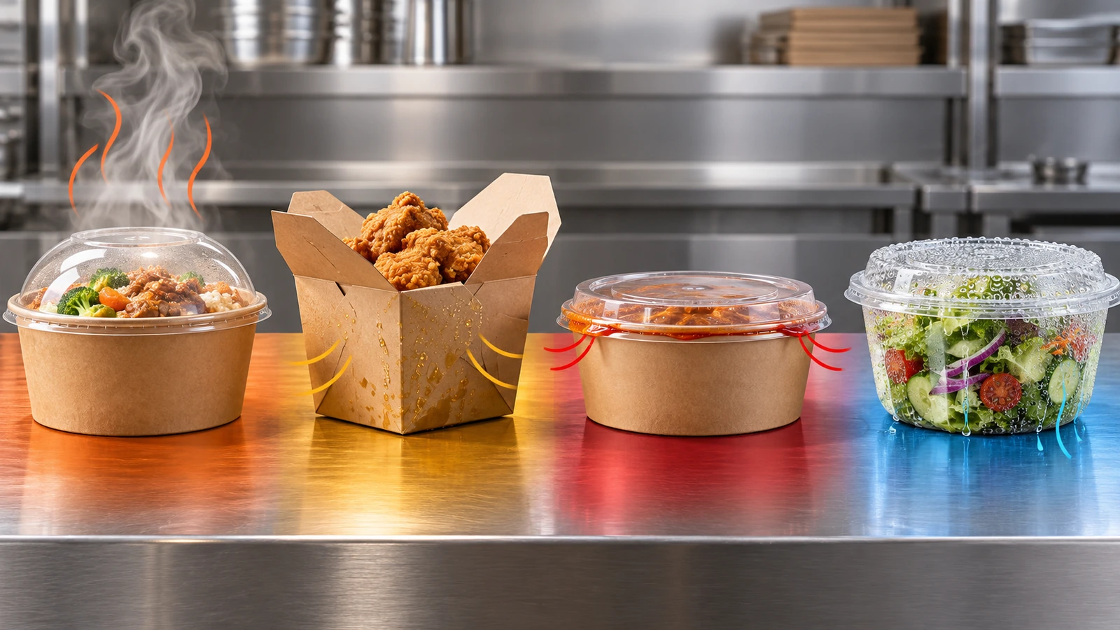 Quatre contenants à emporter sur un plan de travail de cuisine illustrant quatre modes de défaillance du menu : de la vapeur qui s'élève d'un plat chaud, des gouttelettes d'huile sur un produit frit, une sauce qui s'accumule à la jointure d'un couvercle et des perles de givre sur une salade froide