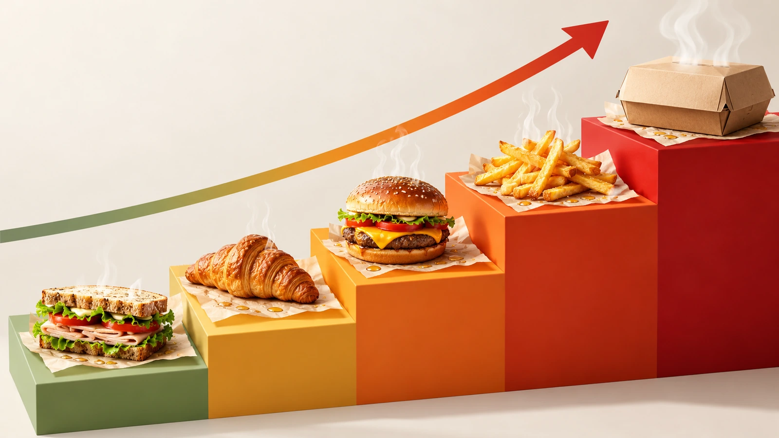 Illustration en escalier d'aliments à emporter, du croissant et du sandwich jusqu'aux frites et à une boîte de livraison fermée, avec des gouttelettes d'huile et des ondes de chaleur de plus en plus nombreuses à chaque marche pour montrer l'exigence croissante de barrière aux graisses