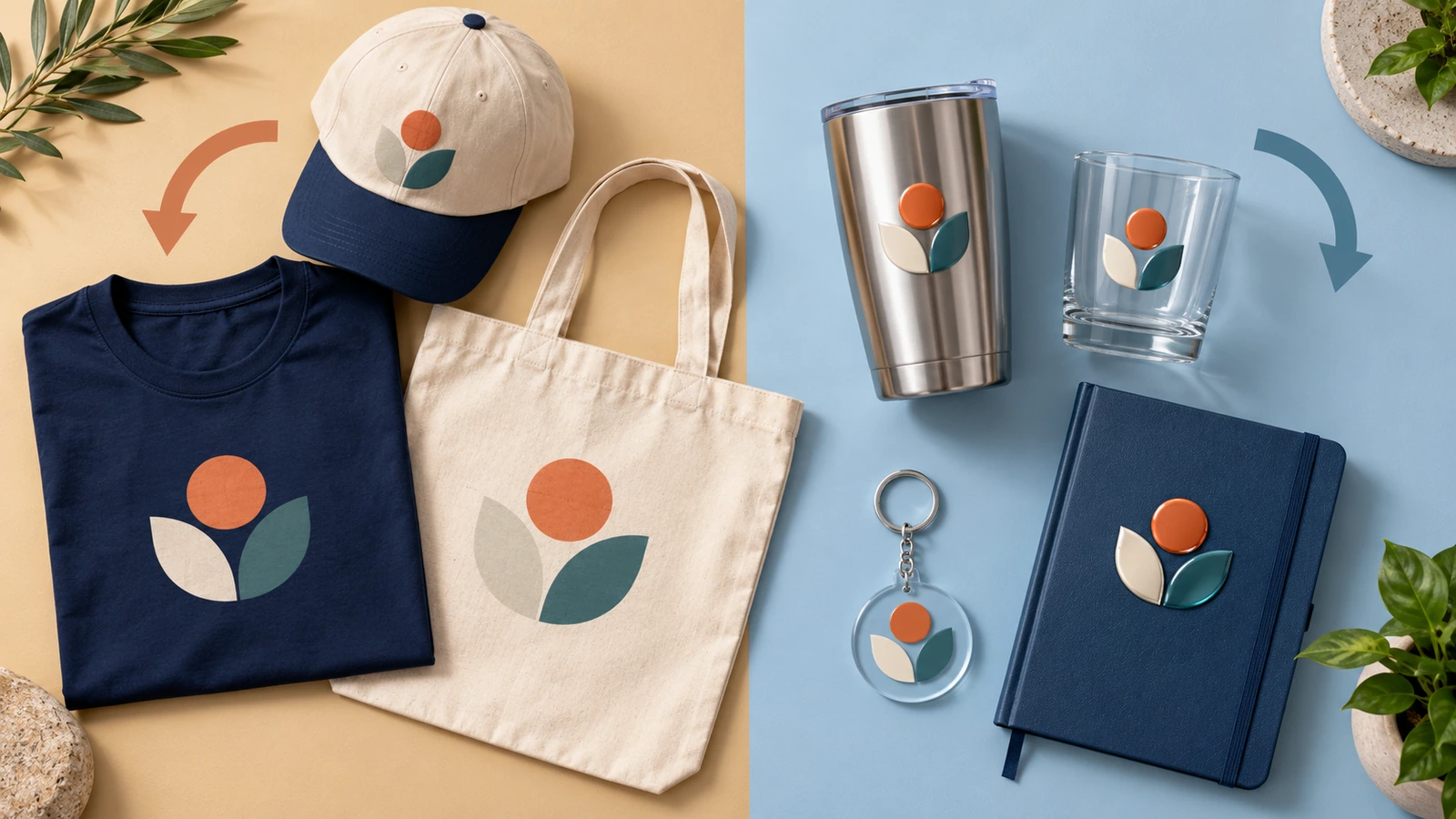 Kit promotionnel à plat, réparti en une zone tissu avec t-shirt, sac cabas et casquette, et une zone objets rigides avec gobelet isotherme, verre, porte-clés en acrylique et carnet