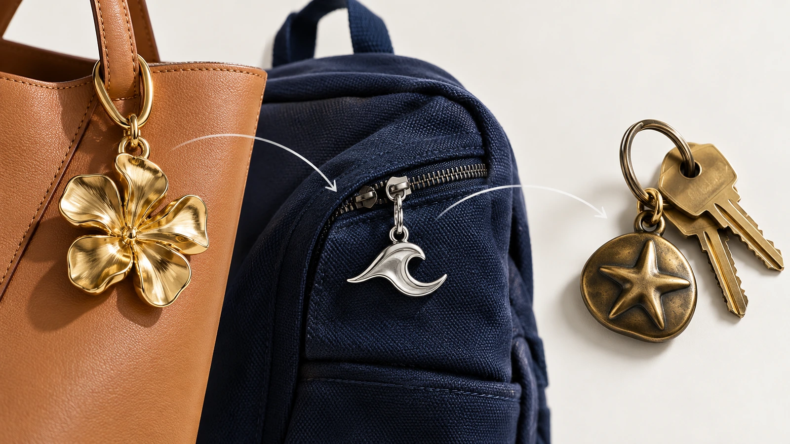 Comparaison de trois formats de breloques porte-clés en métal : une breloque de sac sculptée suspendue à l'anse d'un cabas, une tirette plate sur la fermeture éclair d'un sac à dos et une breloque de porte-clés arrondie avec des clés
