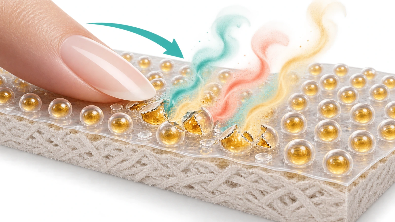 Coupe illustrée de microcapsules de parfum posées sur une surface de papier, certaines intactes et d'autres ouvertes par un ongle, avec des volutes de parfum qui s'élèvent
