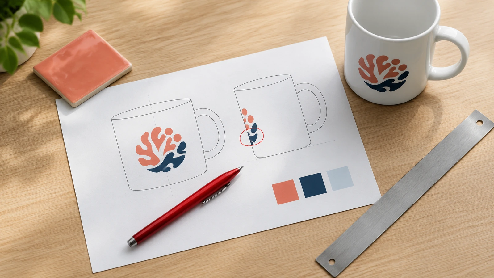 Vue à plat d'un BAT de mug imprimé avec des formes de logo abstraites, un stylo rouge, une règle et un mug en céramique blanc sur un bureau clair