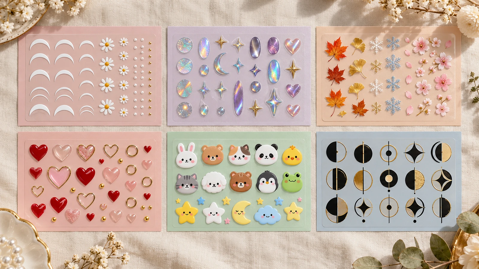 Vue à plat de six groupes de stickers pour ongles : french manucure classique et marguerites, effets tendance irisés, feuilles et flocons saisonniers, cœurs et bagues pour événements, formes ludiques de style personnage, et un motif monogramme de marque minimaliste