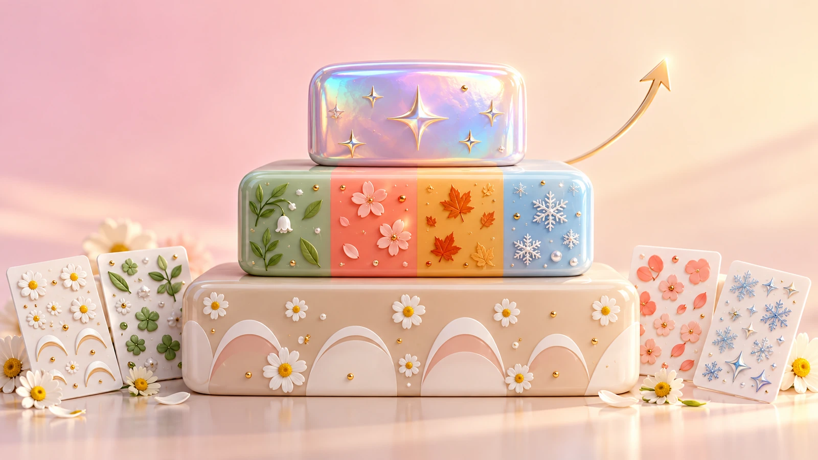Trois blocs de couleur empilés représentant une collection de stickers pour ongles : une large base neutre pour les designs intemporels, une bande centrale aux couleurs saisonnières et un petit bloc supérieur vif pour les sorties limitées