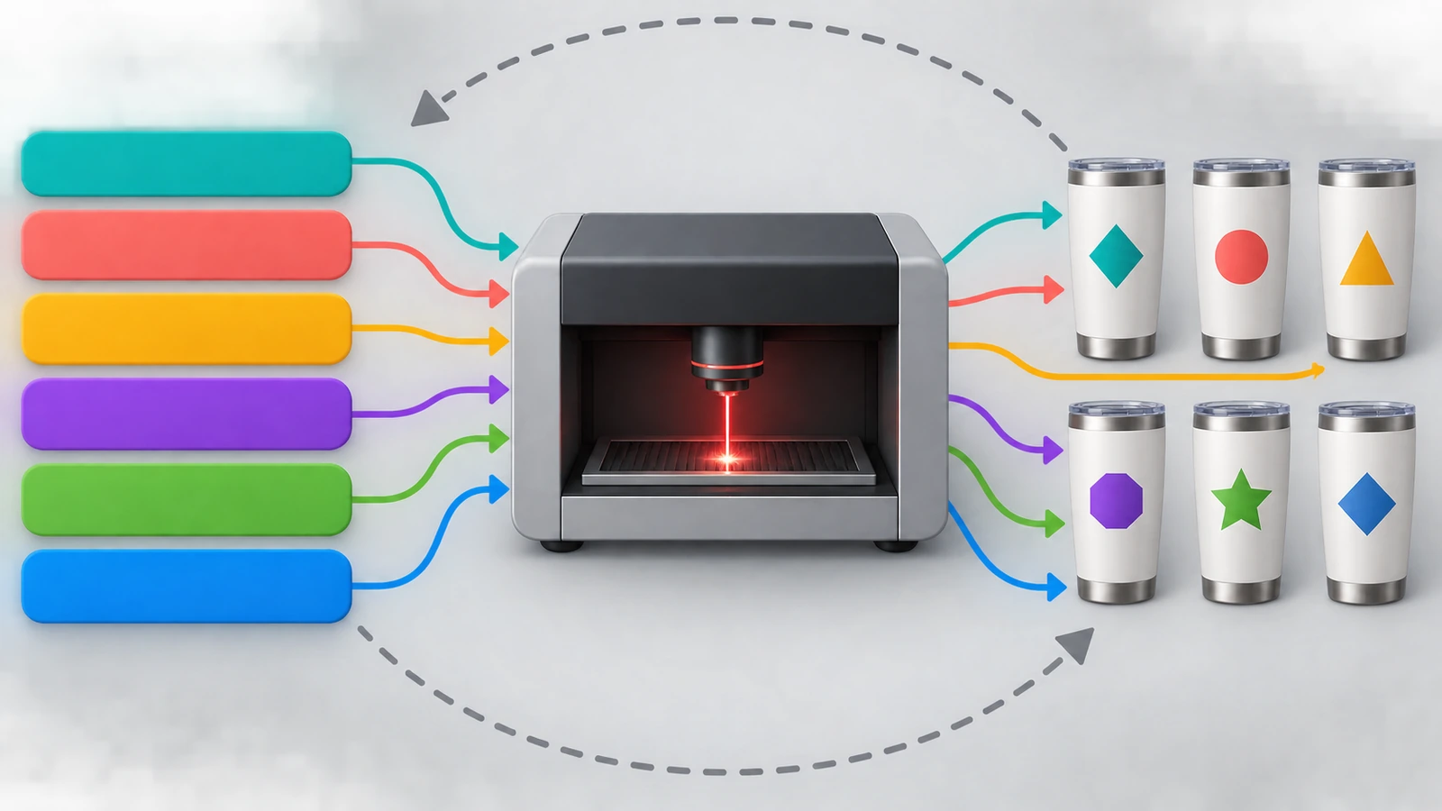 Schéma montrant des lignes de données colorées acheminées par des flèches vers un poste de gravure laser, puis ressortant sous forme de gobelets individuels, chacun associé à sa propre ligne colorée