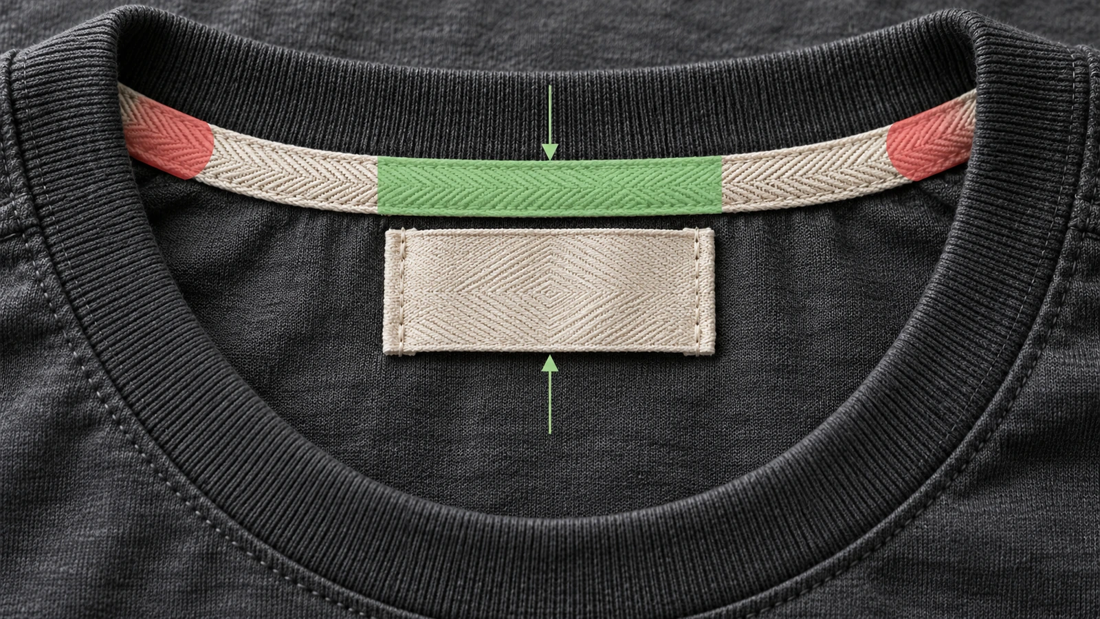 Gros plan sur l'intérieur du dos de l'encolure d'un t-shirt, avec une étiquette tissée vierge centrée entre les coutures d'épaule et alignée sous le ruban d'encolure, des formes de guidage colorées délimitant la zone de couture à plat