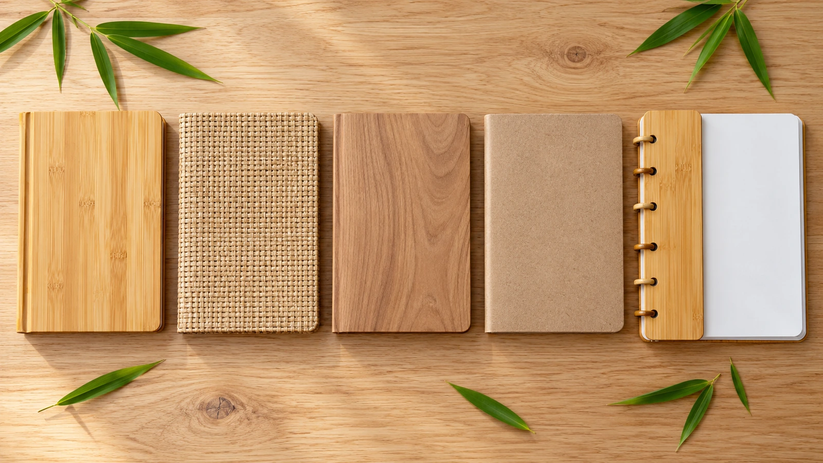 Vue à plat comparant un carnet à couverture en bambou massif, un carnet en tissu de fibres de bambou, un carnet synthétique à effet bois, un carnet en kraft recyclé et un carnet réutilisable à coque en bambou