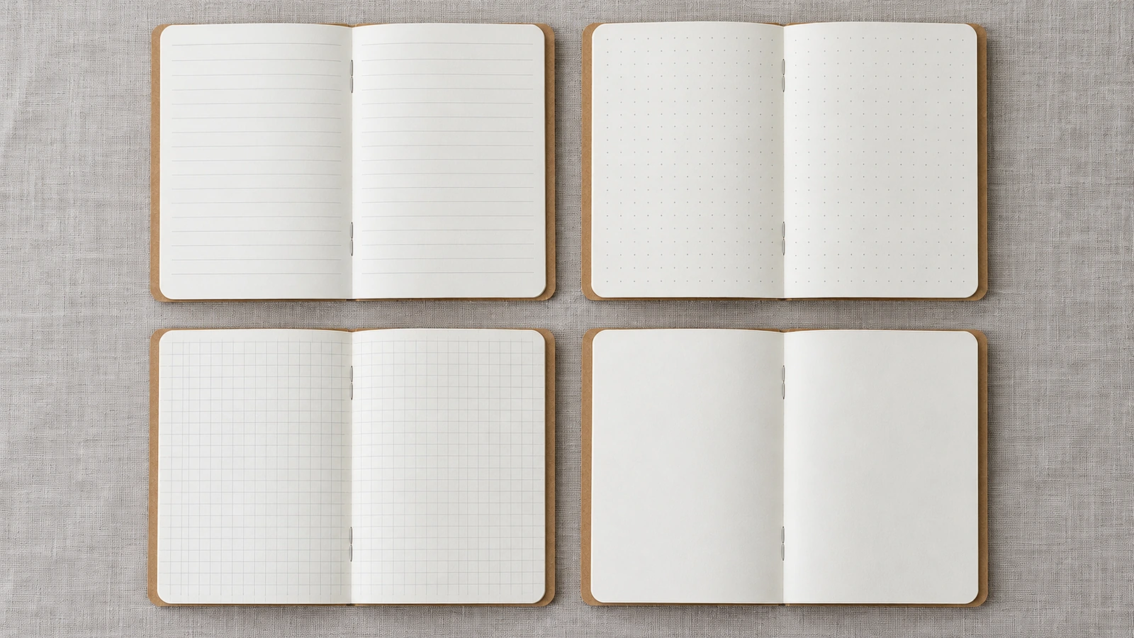 Quatre carnets ouverts côte à côte présentant des pages intérieures lignées, à grille de points, quadrillées et blanches