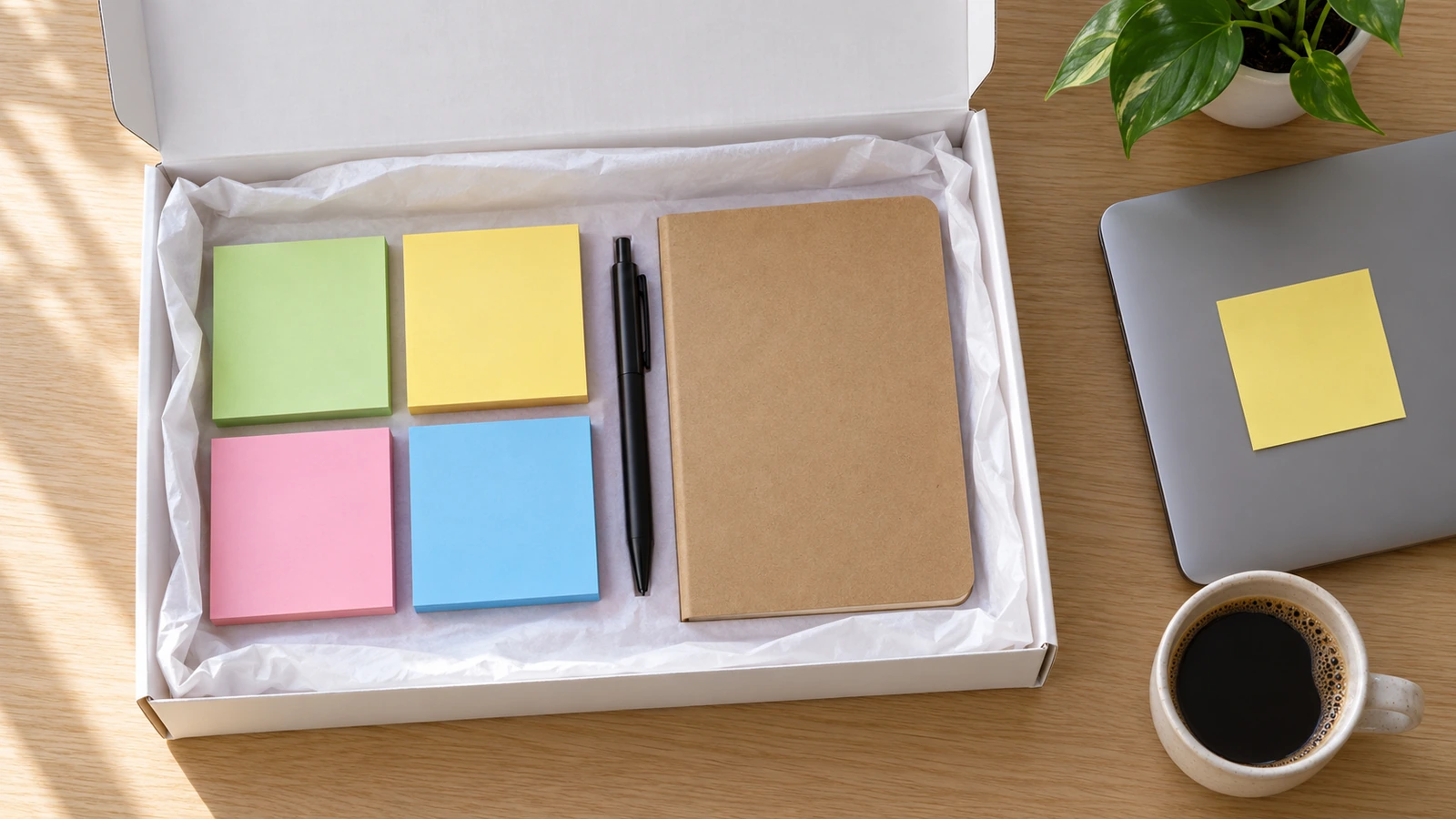 Photo en plongée d'une boîte de bienvenue client ouverte contenant un assortiment de blocs de notes colorés, un stylo et un carnet sur un bureau en bois clair, avec 1 feuillet déjà collé sur le bord d'un ordinateur portable