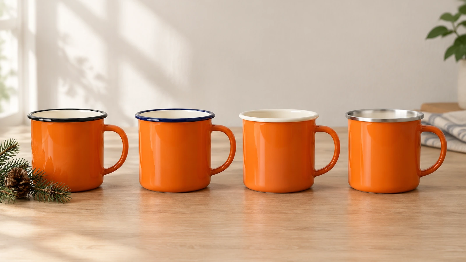 Quatre mugs de camping en émail orange côte à côte, avec des bords noir, bleu marine, crème et inox, montrant comment la couleur du bord change le look rétro