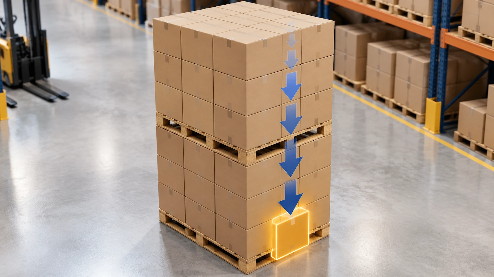 Deux palettes de caisses en carton ondulé empilées l'une sur l'autre, avec des flèches vers le bas de plus en plus marquées en direction de la caisse du bas de la palette inférieure, montrant comment la charge de gerbage s'accumule