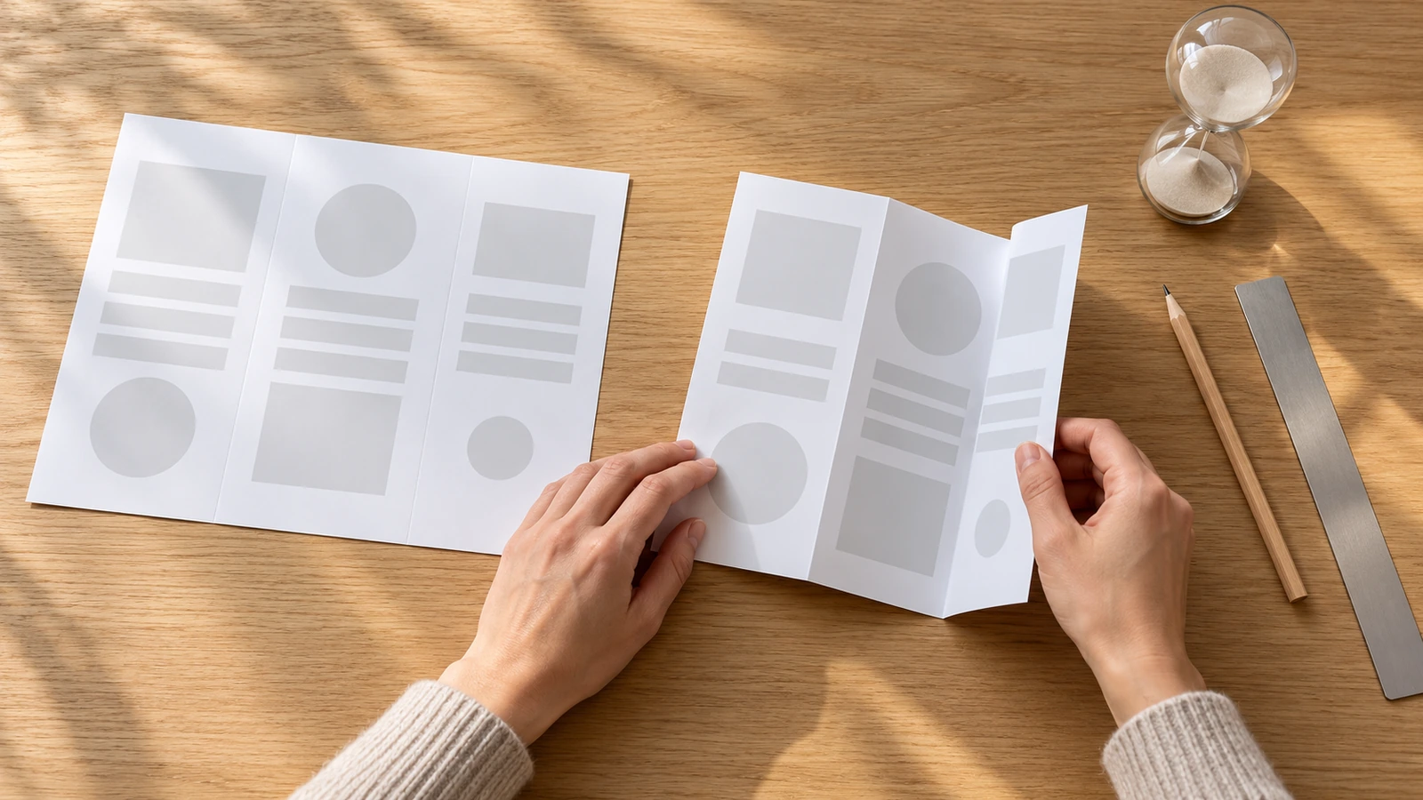 Des mains plient une maquette en papier uni d'un dépliant à pli en trois, à côté d'une maquette de flyer à plat et d'un petit sablier posés sur un bureau