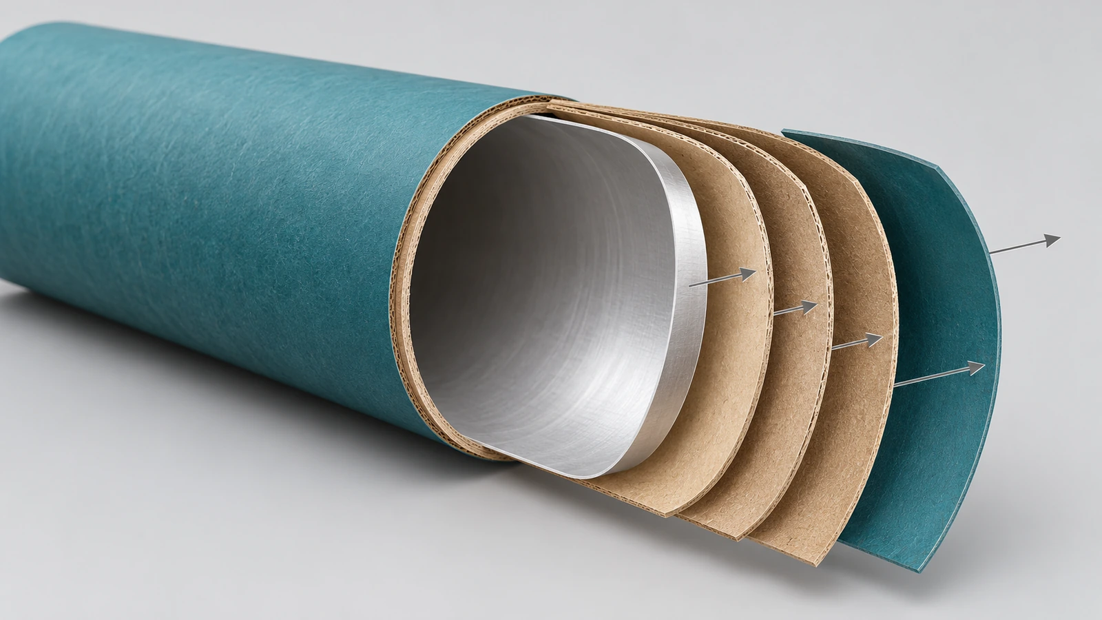 Coupe de la paroi d'un tube en papier montrant le revêtement intérieur, les plis de carton plat structurels et l'habillage extérieur imprimé sous forme de couches colorées distinctes