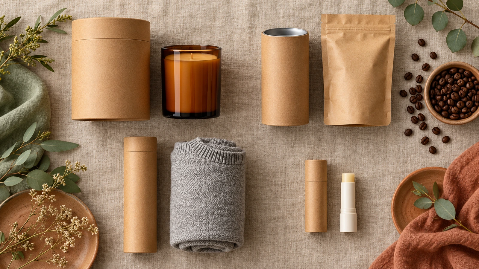 Tubes en papier de diamètres et d'épaisseurs de paroi différents, disposés à côté d'un pot de bougie, d'un sachet de café, d'un vêtement roulé et d'un bâton de baume à lèvres