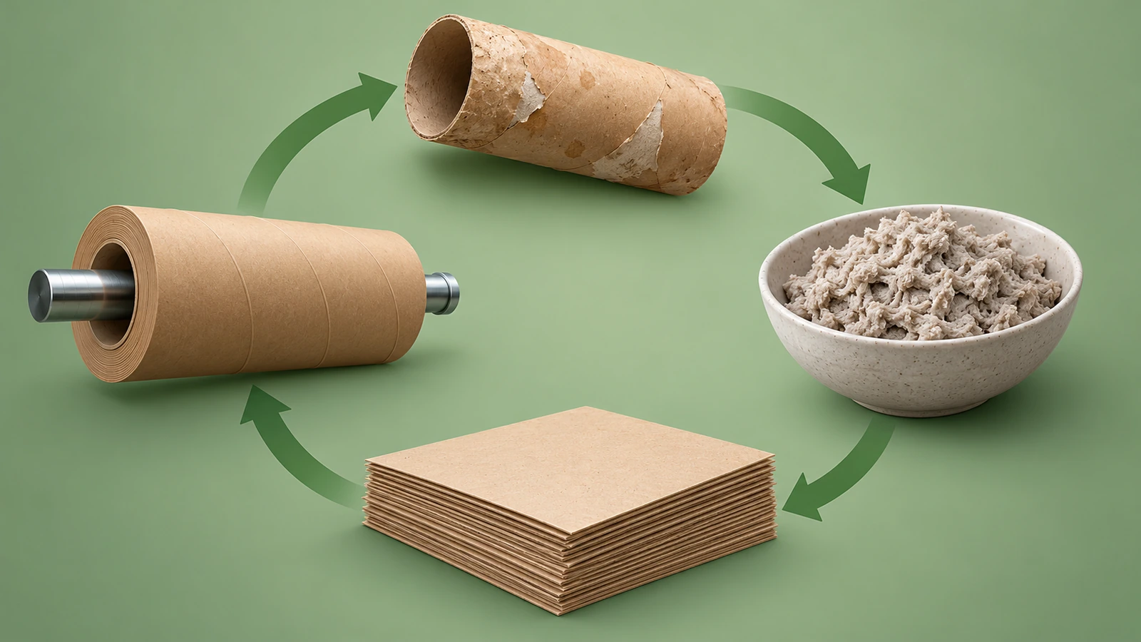 Flux circulaire de flèches reliant un tube en papier, de la pâte de fibres de papier, du carton plat en feuille et un tube nouvellement enroulé