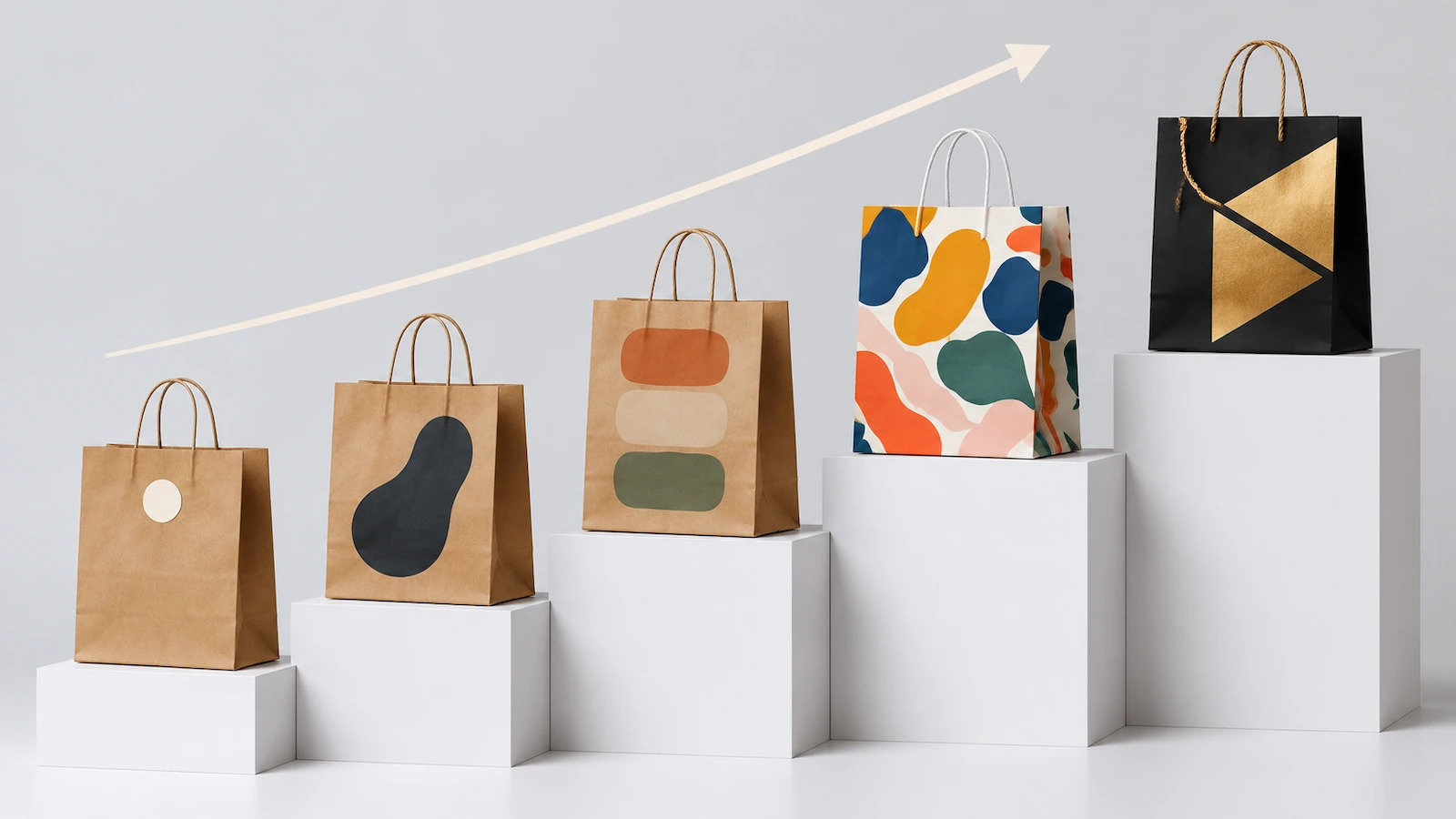 Escalier ascendant de sacs en papier kraft illustrant des niveaux croissants de personnalisation par l'impression