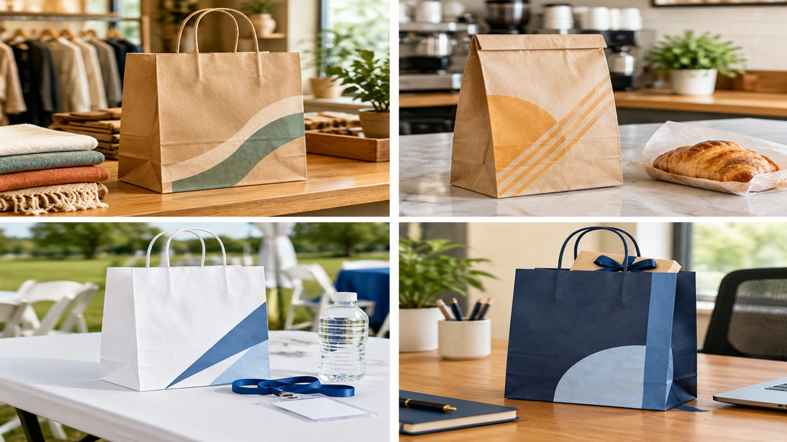 Quatre sacs en papier kraft personnalisés dans des contextes de commerce, de restauration, d'événement et de cadeaux d'entreprise