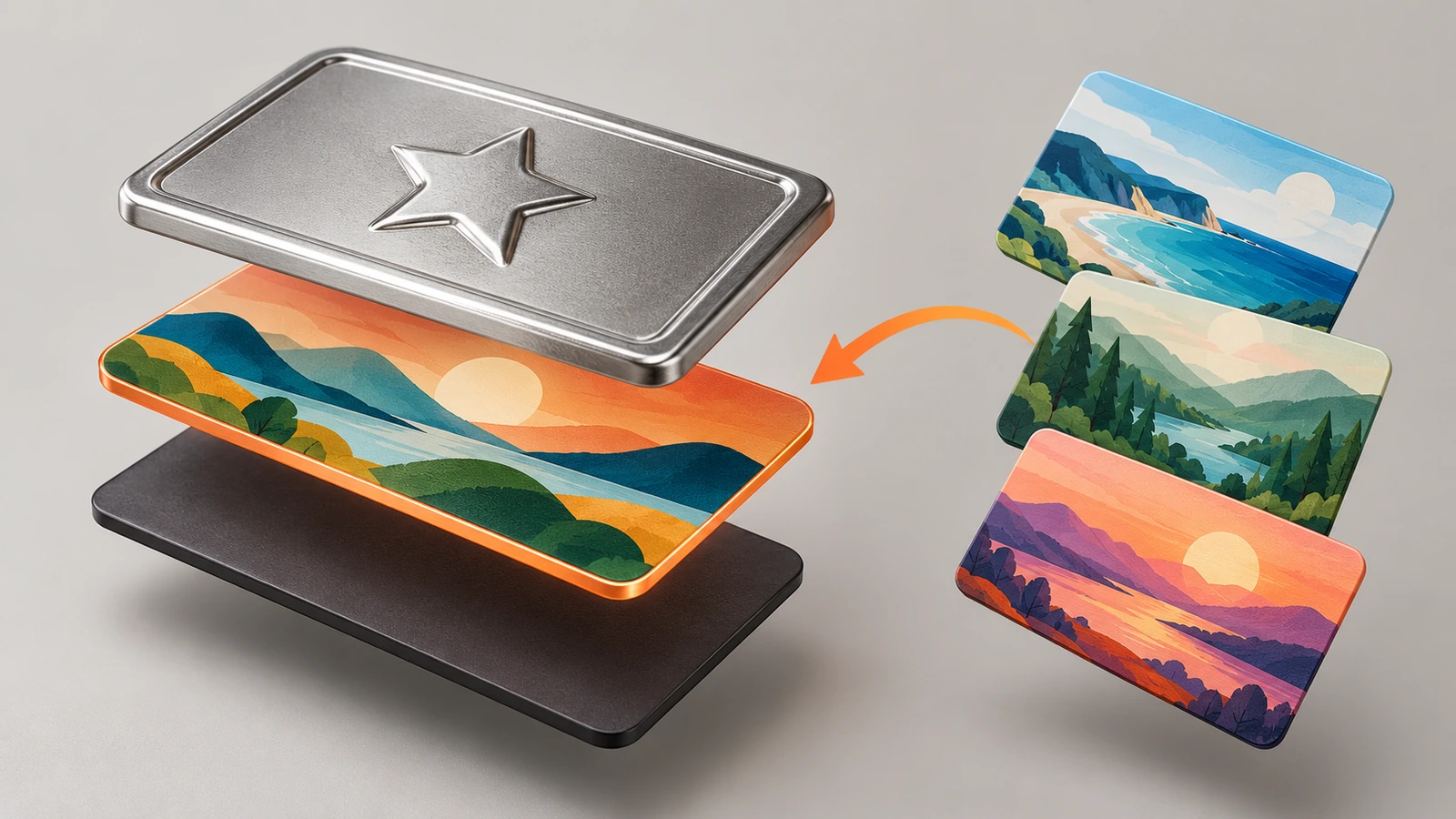 Vue éclatée d'un magnet de réfrigérateur en acier étamé personnalisé, montrant une base métallique embossée commune, une couche imprimée modifiable et un support magnétique souple