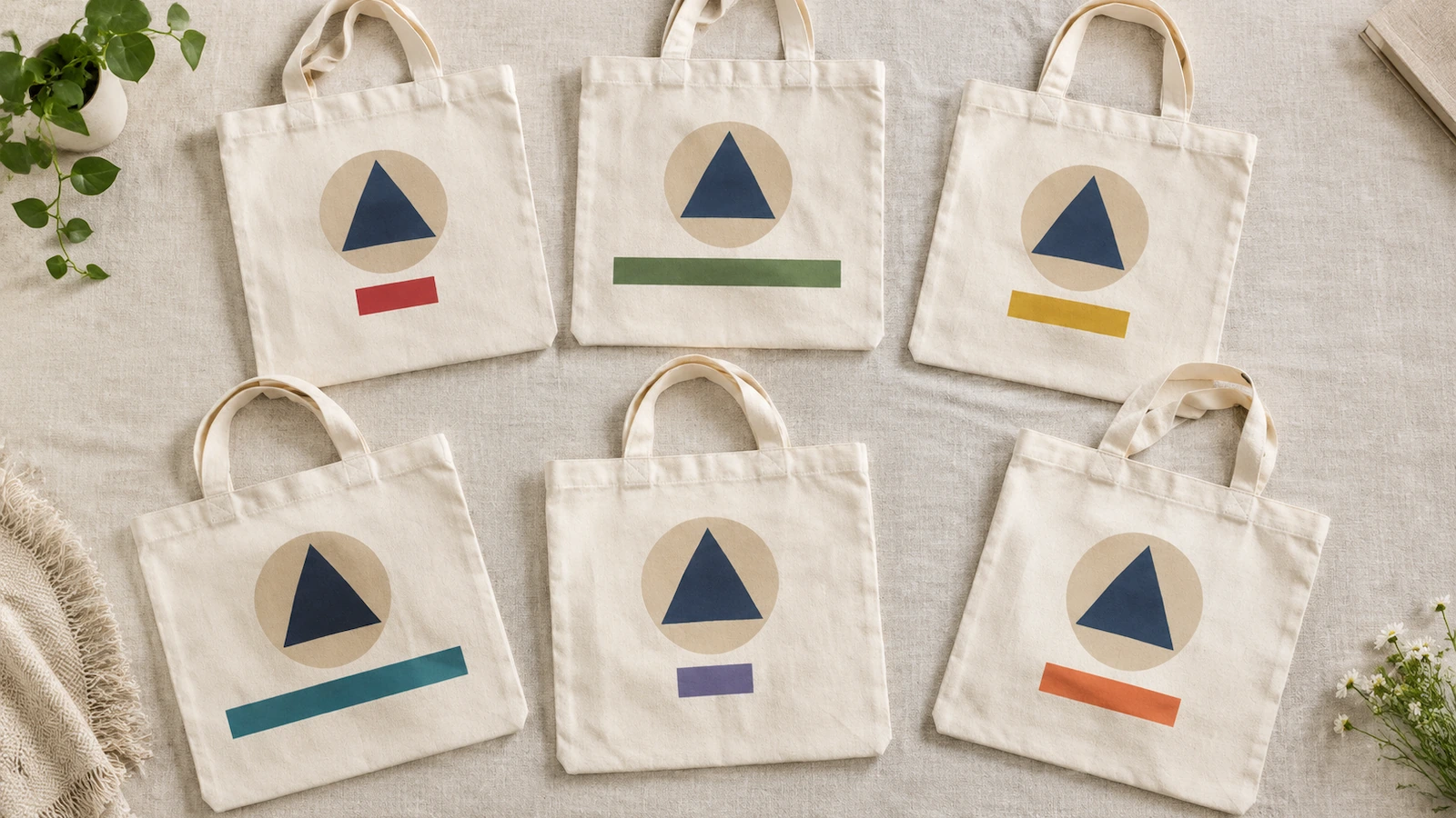 Rangée de sacs cabas en coton naturel partageant la même forme de logo, chacun avec une bande de couleur différente à l'endroit où le nom du destinataire est imprimé