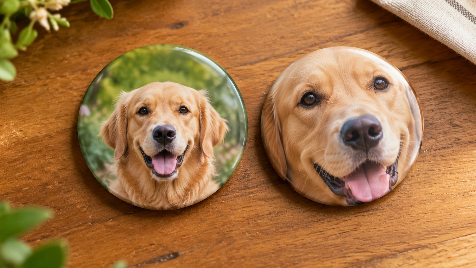 Deux badges photo ronds montrant le portrait d'un golden retriever : l'un bien centré avec un arrière-plan dégagé autour de la tête, l'autre recadré de sorte que les oreilles se courbent sur le bord