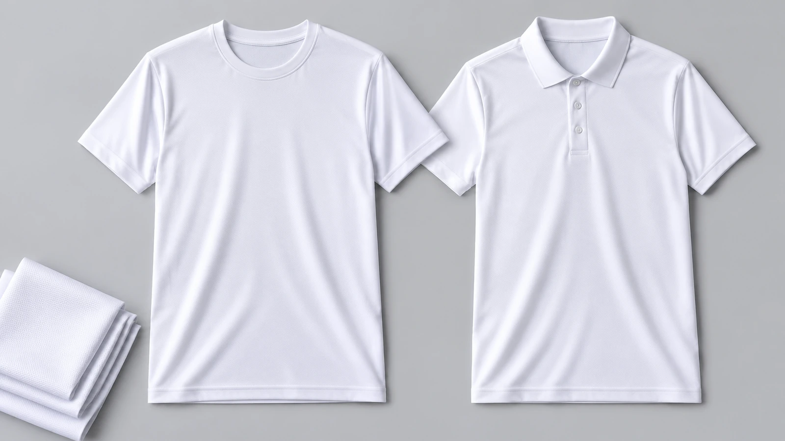 T-shirt unisexe blanc en polyester de sublimation posé à plat à côté d'un polo technique blanc sur une surface gris clair