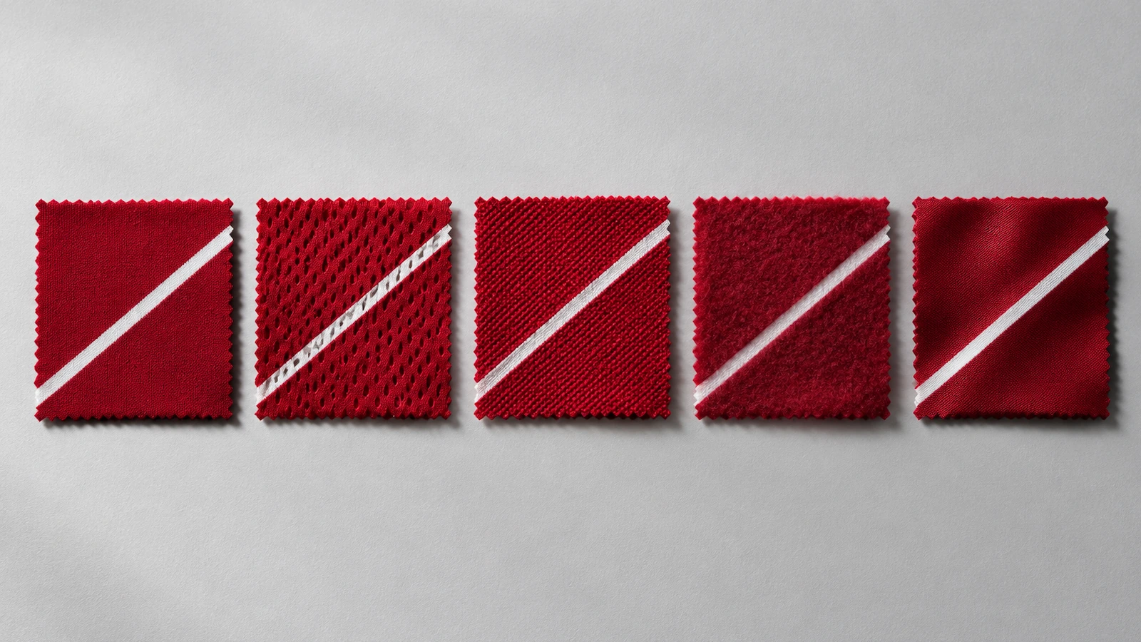 Échantillons de tricots interlock, maille filet, piqué, molleton et élasthanne en polyester portant la même couleur imprimée, avec de subtiles différences de densité et de texture