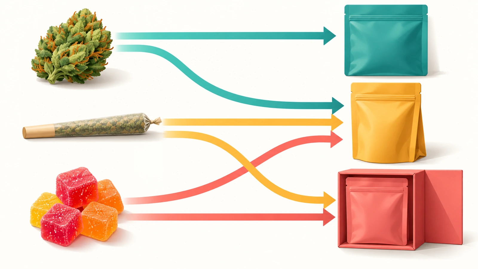 Schéma de décision en formes colorées et flèches orientant les produits fleur, pré-roulé et comestible vers les formats de sachet plat, de sachet debout ou de sachet en étui
