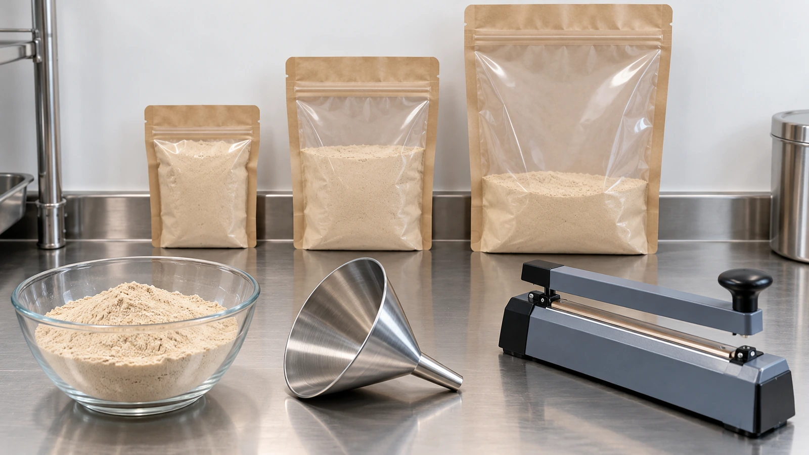 Rangée de sachets plats unis en trois formats remplis de la même quantité de poudre, comparés côte à côte lors d'un essai de remplissage