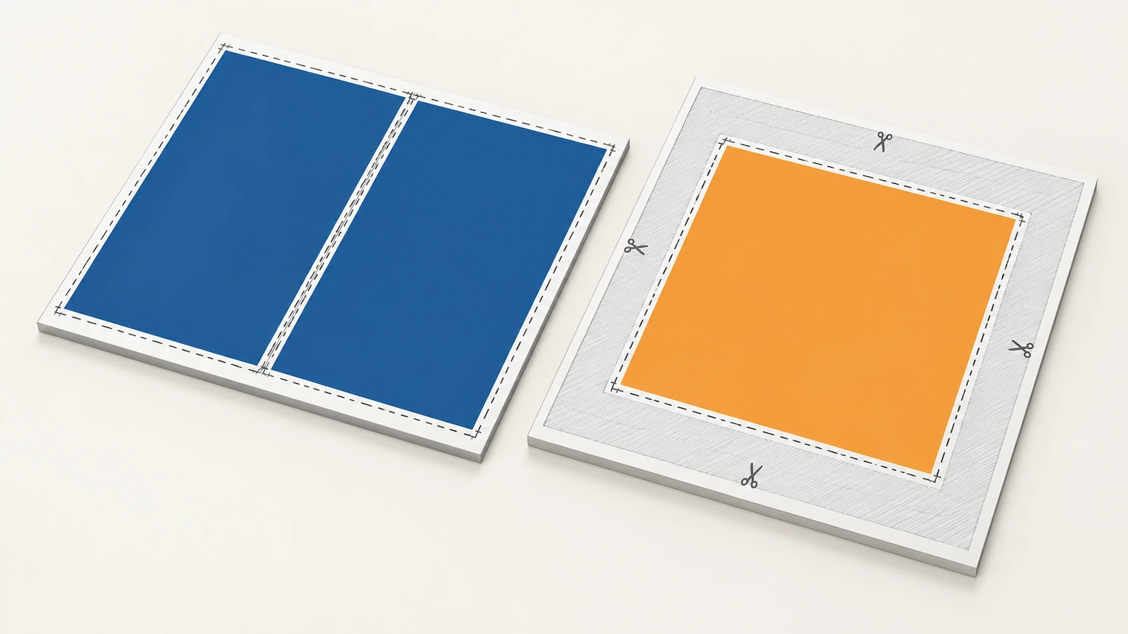 Schéma en vue de dessus de feuilles d'impression comparant l'imbrication efficace de doubles pages en portrait avec des doubles pages carrées qui laissent des zones grises inutilisées