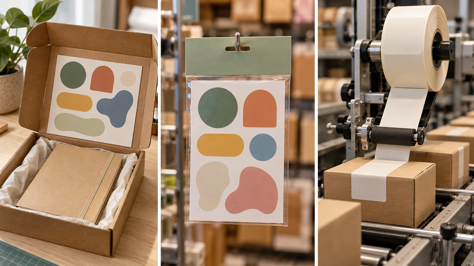 Trois scènes B2B : une boîte de kit promotionnel contenant une planche d'autocollants, une pochette de vente au détail contenant une planche d'autocollants et un rouleau d'étiquettes monté sur un applicateur de ligne de conditionnement