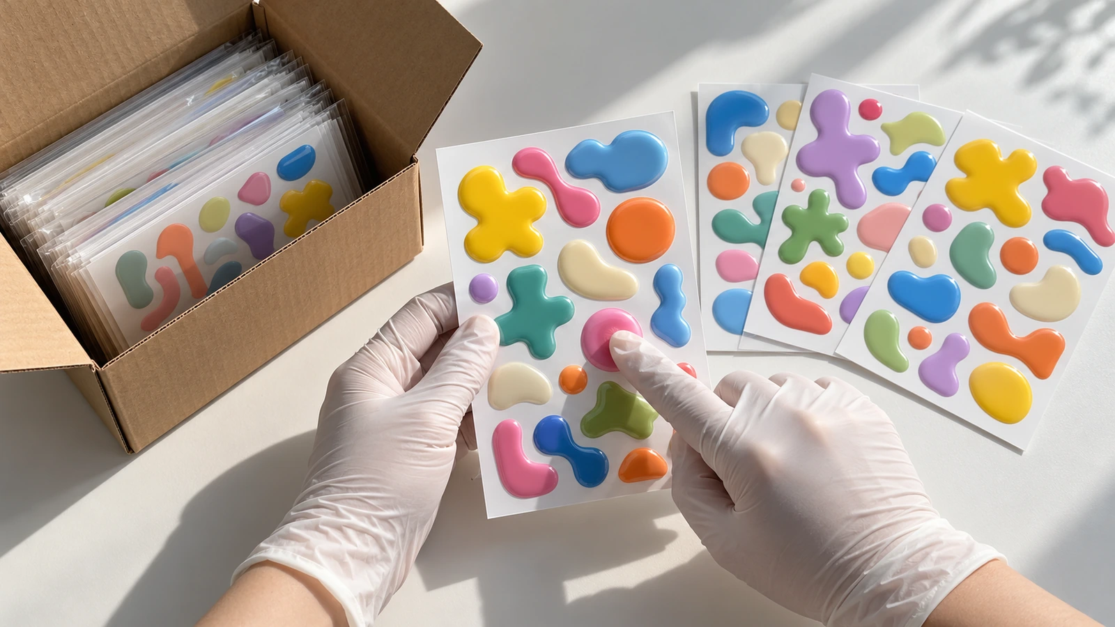 Des mains appuient sur le dôme d'un autocollant gonflant sur une planche, à côté d'un carton d'expédition ouvert, pour vérifier la récupération de la mousse lors du contrôle à réception