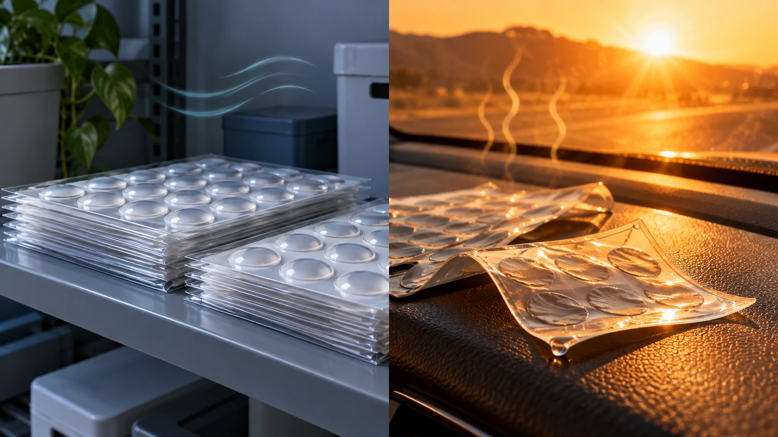 Scène divisée comparant des planches d'autocollants gonflants stockées à plat sur une étagère fraîche et ombragée à des planches gondolées laissées au soleil sur le tableau de bord d'un véhicule surchauffé