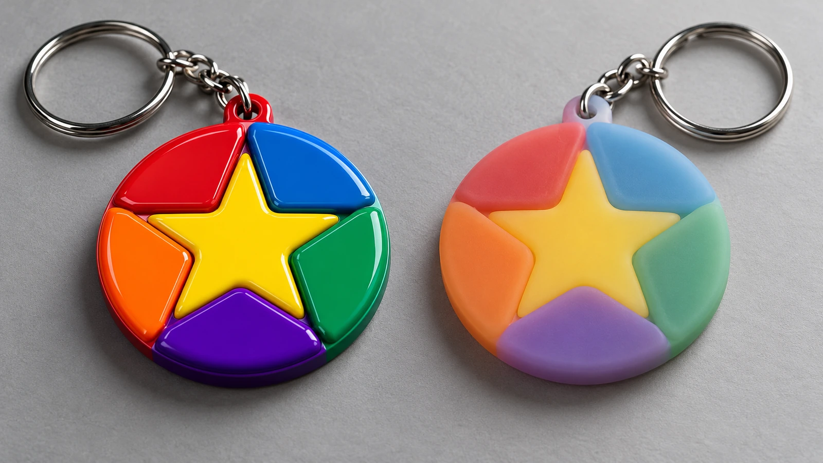 Porte-clés en PVC souple brillant avec parois de couleur en relief, à côté d'un porte-clés en silicone mat aux contours de couleur plus doux