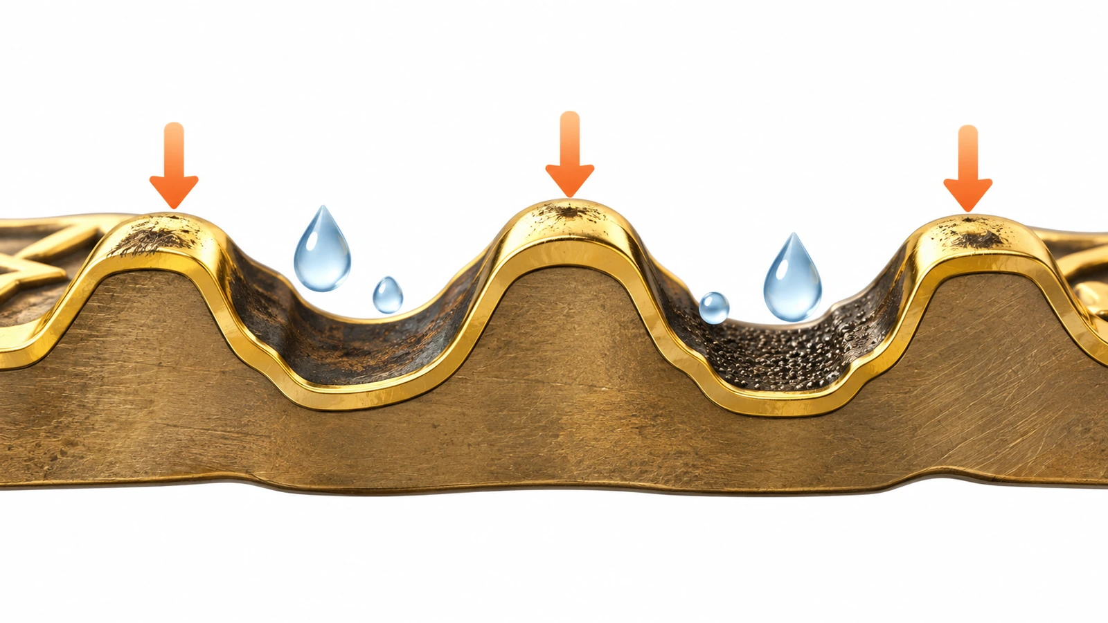 Schéma en coupe d'une épingle frappée montrant le métal de base, la couche de placage, les zones polies en relief et les zones en creux texturées ou assombries, avec des flèches indiquant où l'usure commence
