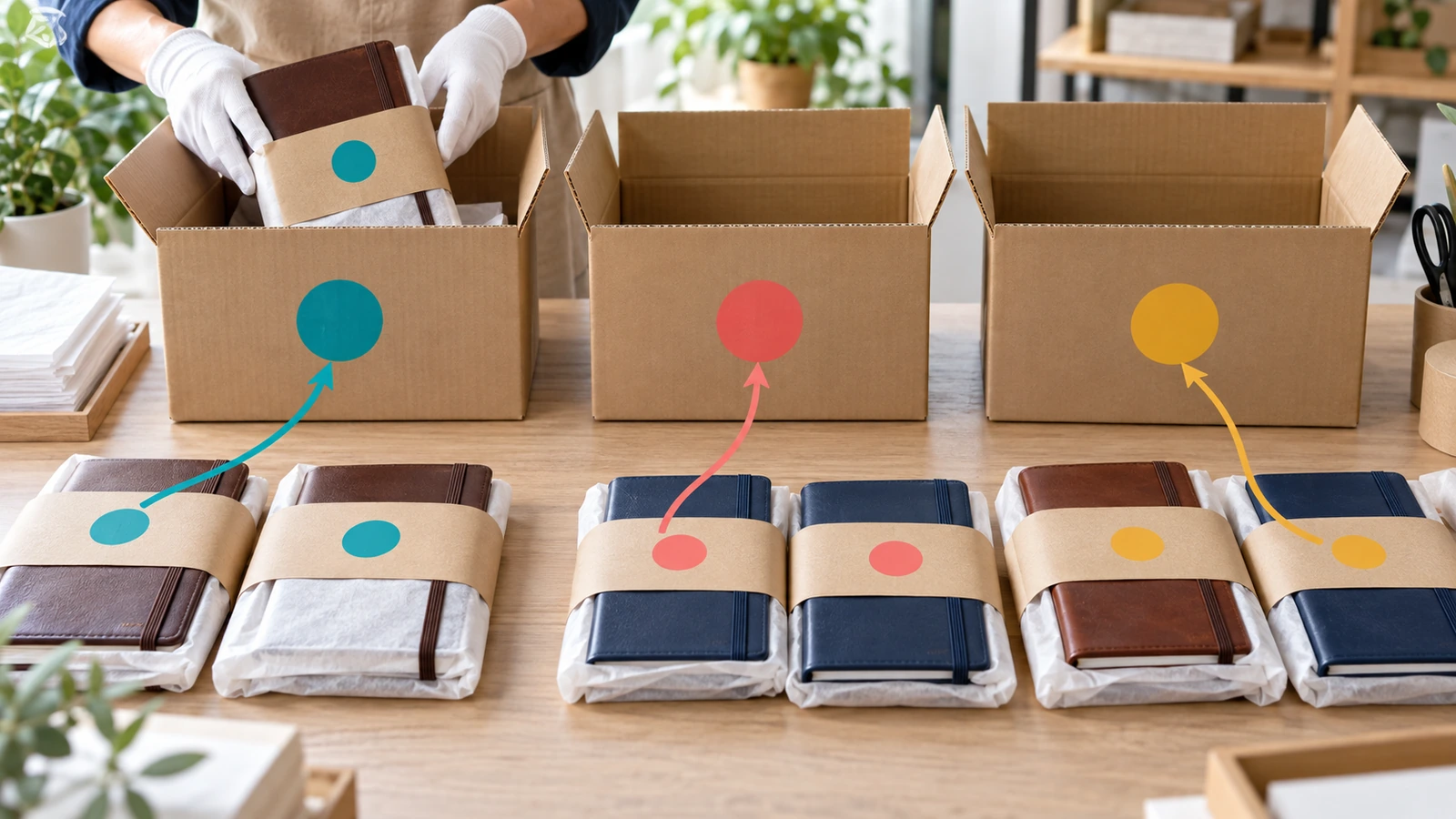 Carnets en cuir personnalisés dans des fourreaux, avec des étiquettes de couleur assorties à des cartons d'expédition de couleur