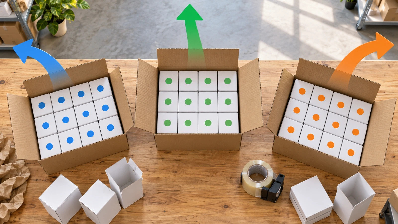 Gobelets emballés individuellement, triés en groupes codés par couleur à l'intérieur de cartons d'expédition plus grands, avec des flèches indiquant la destination de chaque groupe