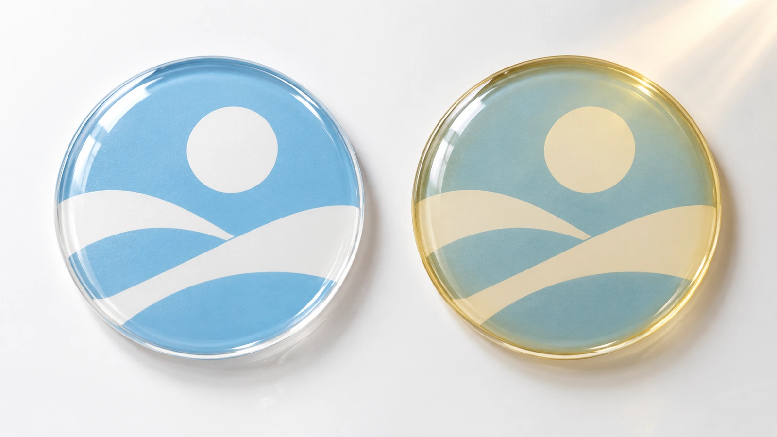 Deux badges à dôme de couleur claire identiques côte à côte, l'un parfaitement transparent et l'autre avec une teinte ambrée due au vieillissement de la résine