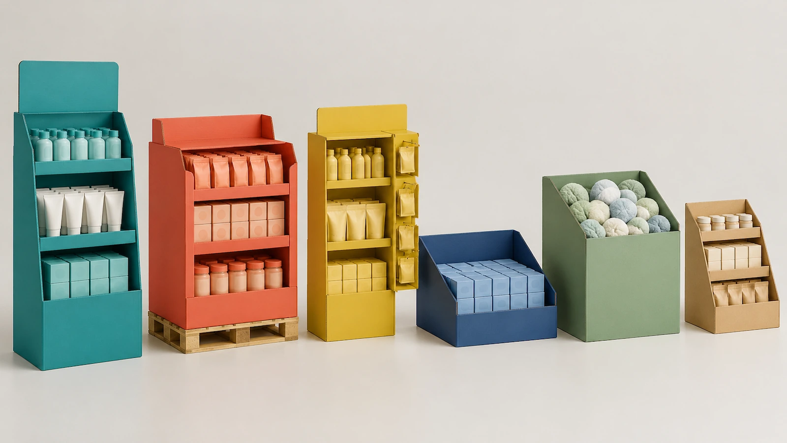 Six formats de boîtes présentoirs côte à côte : un présentoir de sol autoportant, un présentoir sur palette, un présentoir de tête de gondole avec un présentoir latéral fixé sur le côté, un plateau prêt pour le rayon, un bac de vrac ouvert et un petit présentoir de comptoir