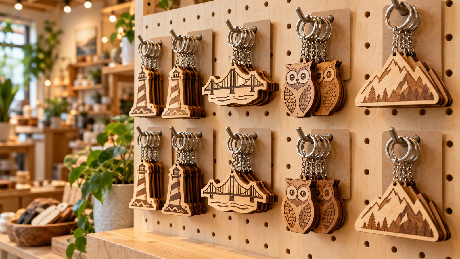Présentoir de boutique sur panneau perforé avec des porte-clés en bois illustrés en silhouettes de monuments et de mascottes, au grain naturel varié
