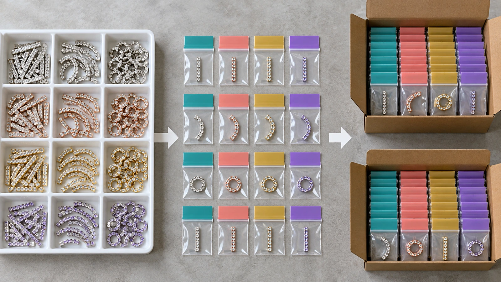 Rangées de petits sachets transparents refermables disposés en grille, chacun avec une languette de couleur et de petites pièces en strass à l'intérieur, rangés dans l'ordre depuis un bac de tri vers des cartons d'expédition pour illustrer la constitution des kits par nom ou par numéro