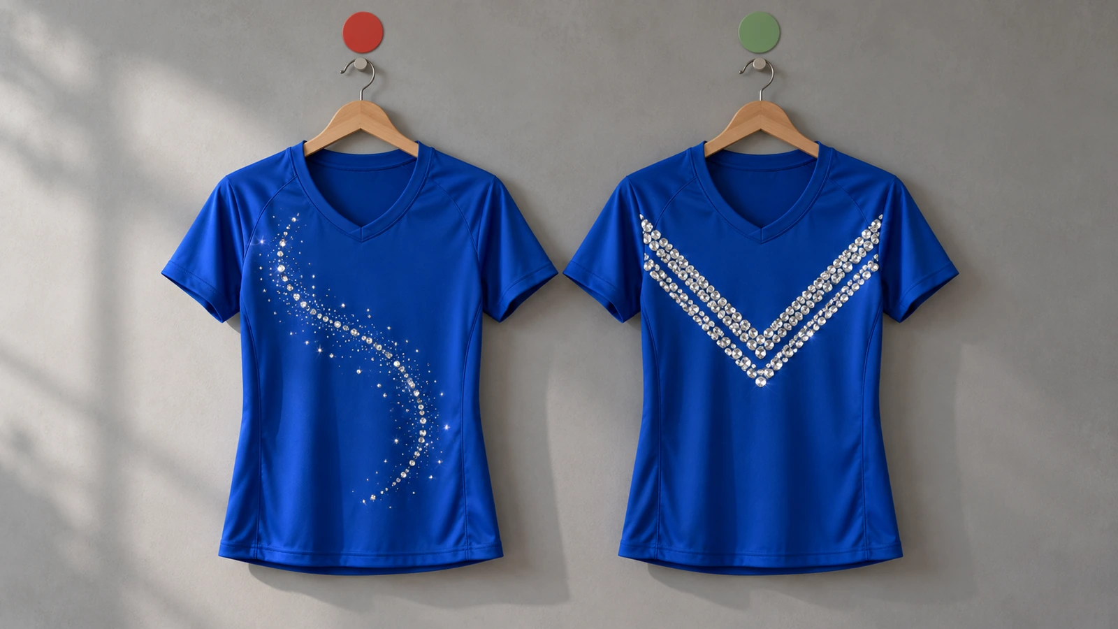 Comparaison de deux dos de maillot vierges : un fin tourbillon de strass en simple rangée qui se brouille en étincelles éparses à distance, face à de larges barres de strass en double rangée qui restent nettes, montrant pourquoi la largeur du trait détermine la lisibilité
