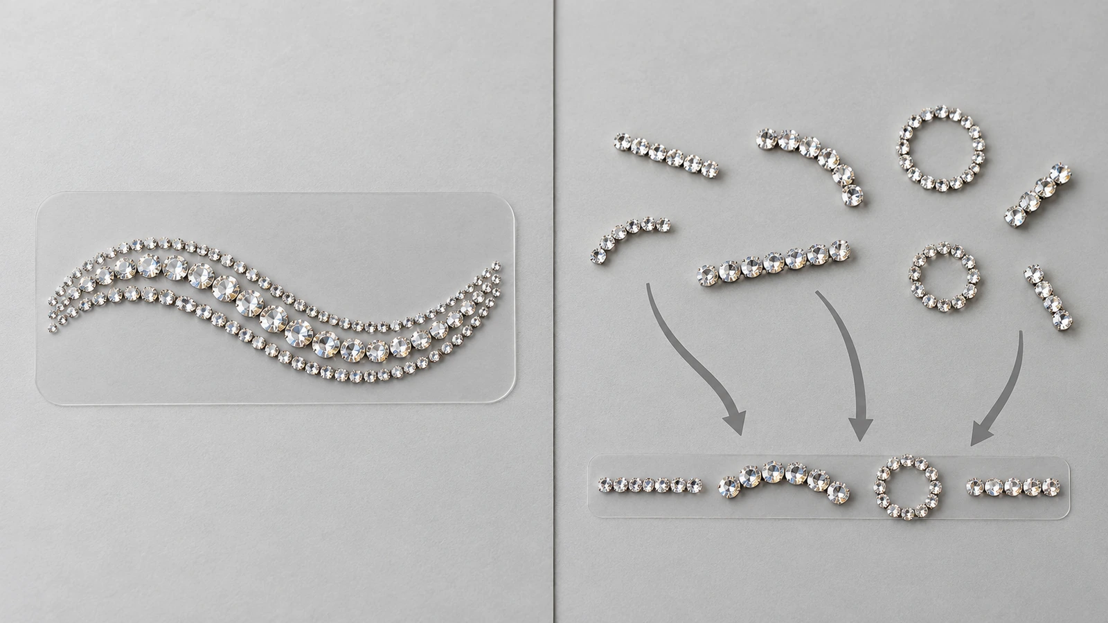 Vue partagée comparant une planche de support portant un motif complet unique à des pièces de strass individuelles alignées le long d'une règle de guidage par des flèches, pour opposer les planches de noms préassemblés aux caractères individuels
