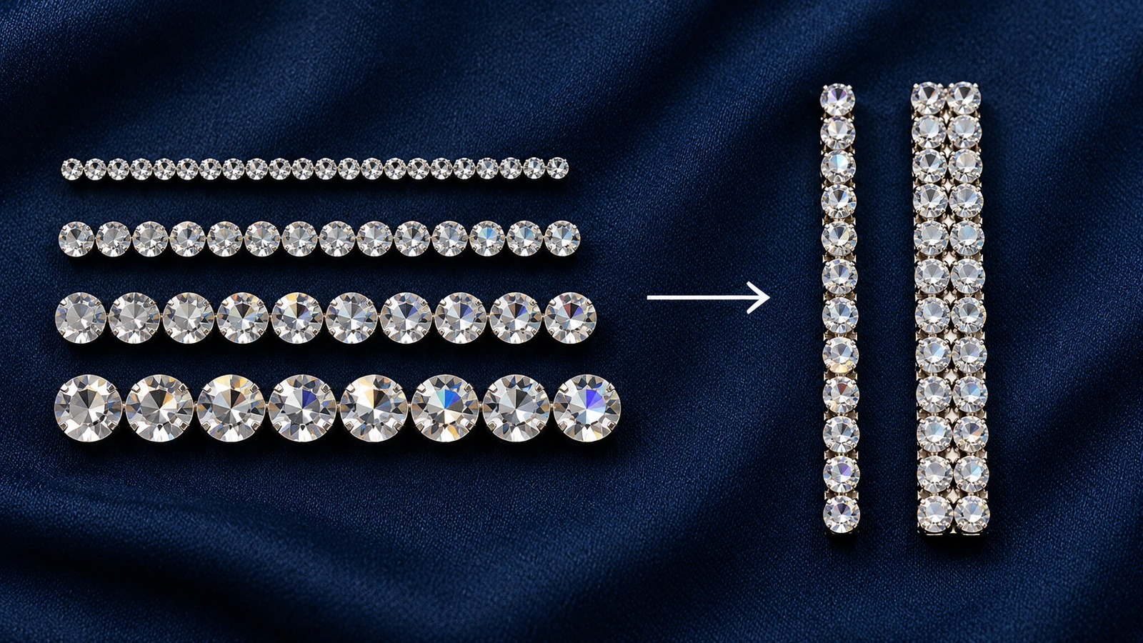 Quatre rangées de strass transparents de diamètres croissants sur un tissu bleu marine, à côté de barres en simple et en double rangée montrant comment la taille du strass détermine la largeur du trait des lettres et des chiffres