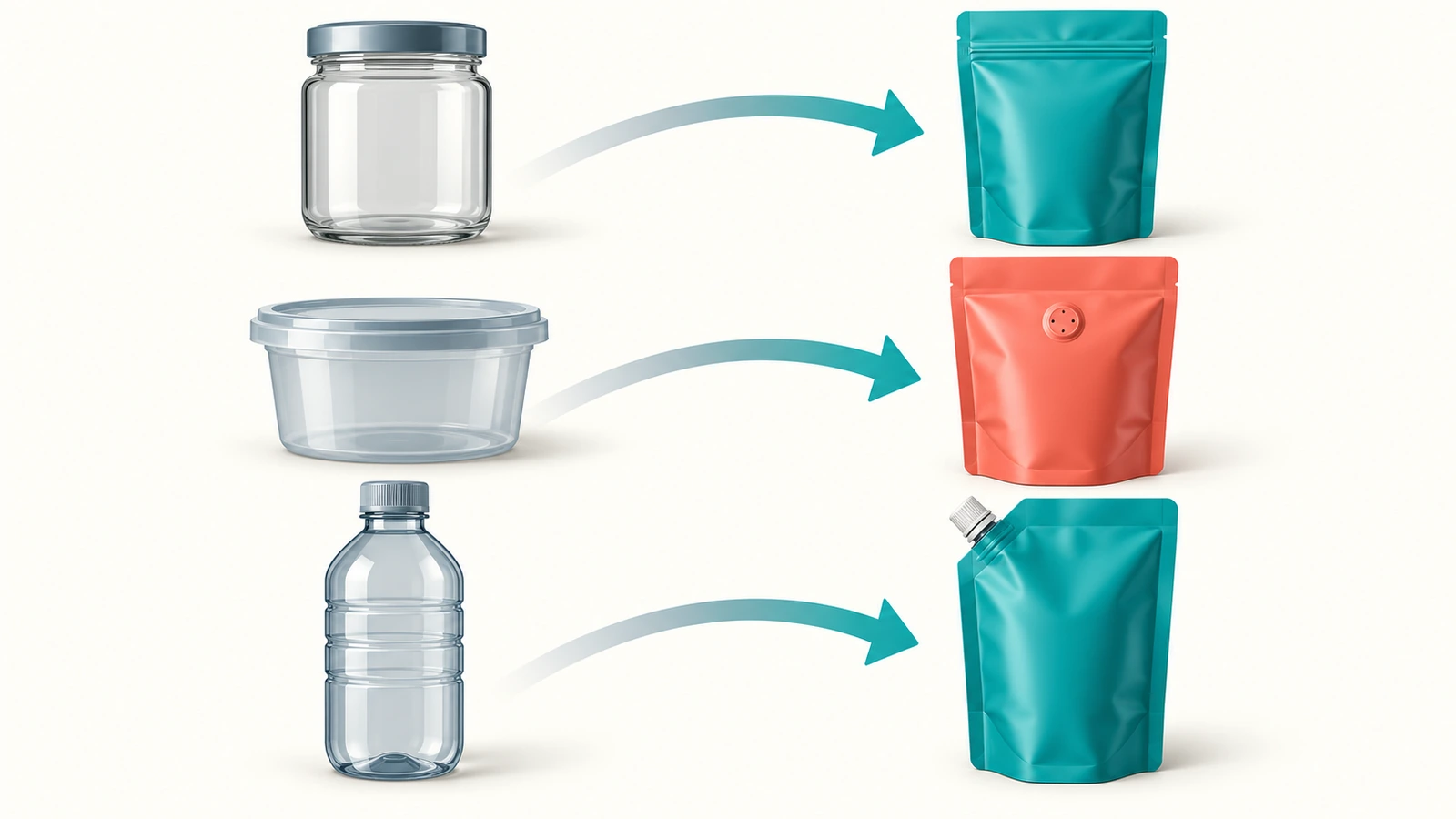 Bocaux en verre, pots et bouteilles en plastique à gauche, avec des flèches menant à des sachets stand-up souples correspondants à droite