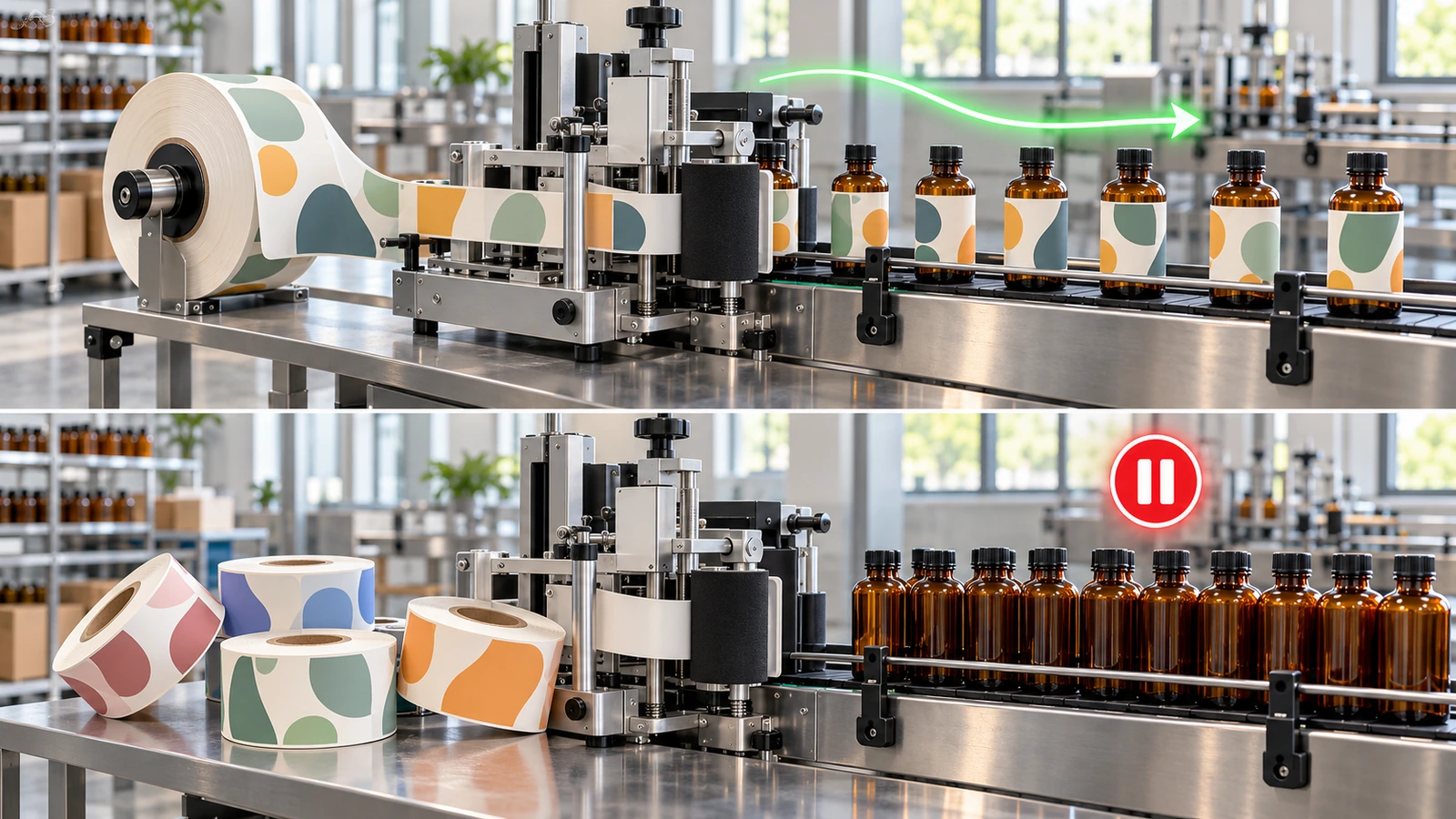 Ligne d'étiquetage de bouteilles comparant une grande bobine d'étiquettes continue qui alimente la ligne sans à-coup, signalée par une flèche verte, à plusieurs petites bobines provoquant un arrêt, signalé par un symbole de pause rouge