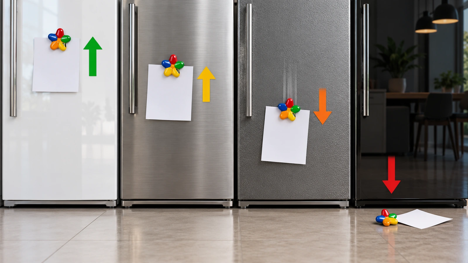 Quatre surfaces de porte de réfrigérateur côte à côte : acier peint, inox brossé, finition texturée et panneau de verre, avec des flèches indiquant une tenue magnétique forte, partielle, faible et nulle
