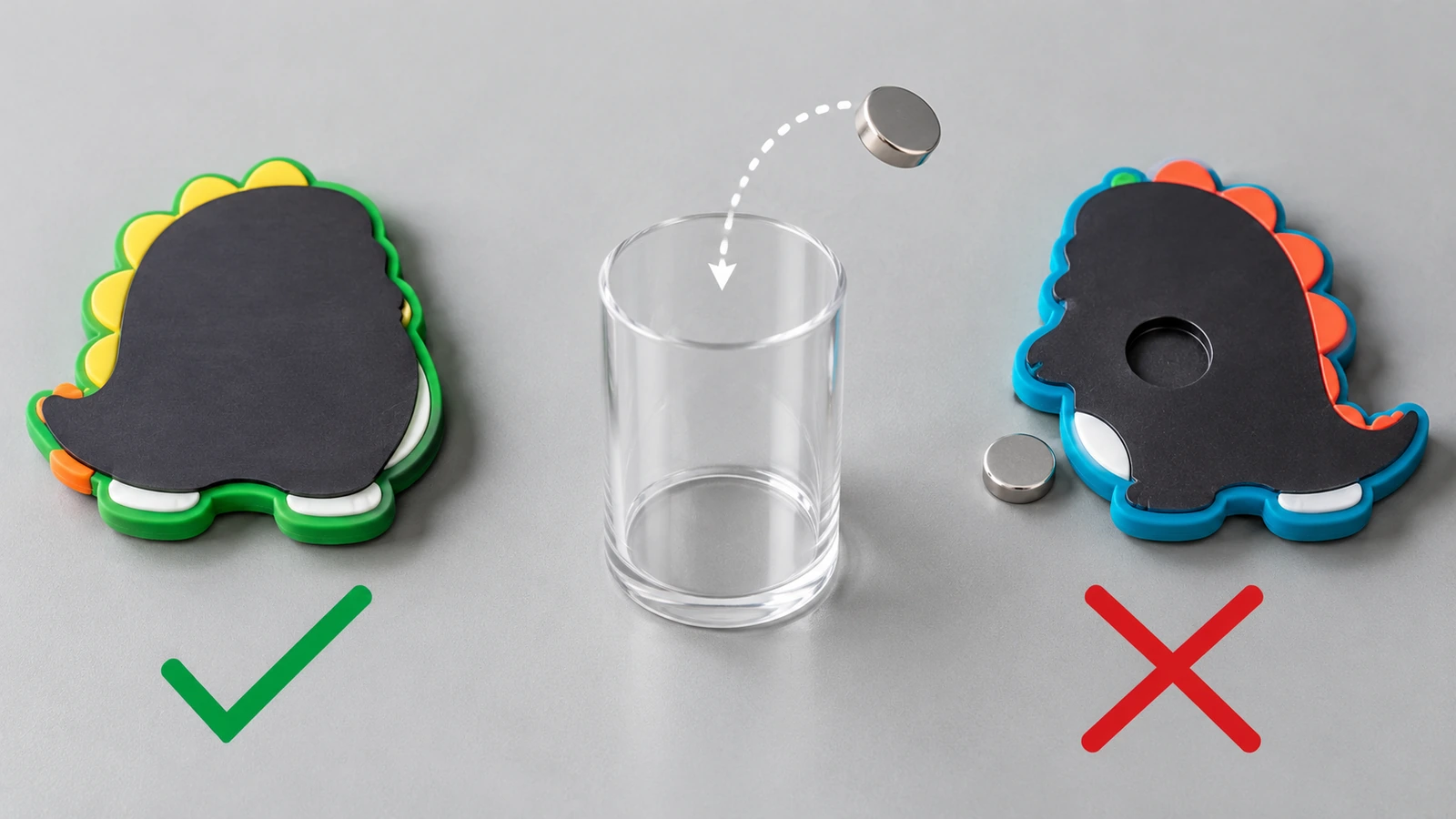 Vue arrière d'un magnet de réfrigérateur en PVC souple avec une bande flexible collée sur toute la surface, à côté d'une version avec un petit disque aimanté libre, près d'un cylindre transparent d'essai des petites pièces
