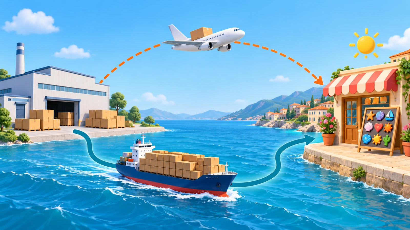Deux voies d'expédition depuis une même usine : un petit colis par avion et de plus grands cartons sur un porte-conteneurs à destination du même lieu